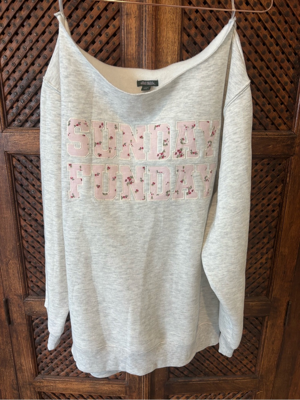 a new day Light Gray Off-the-Shoulder Sweatshirt with Pink Floral Appliqué